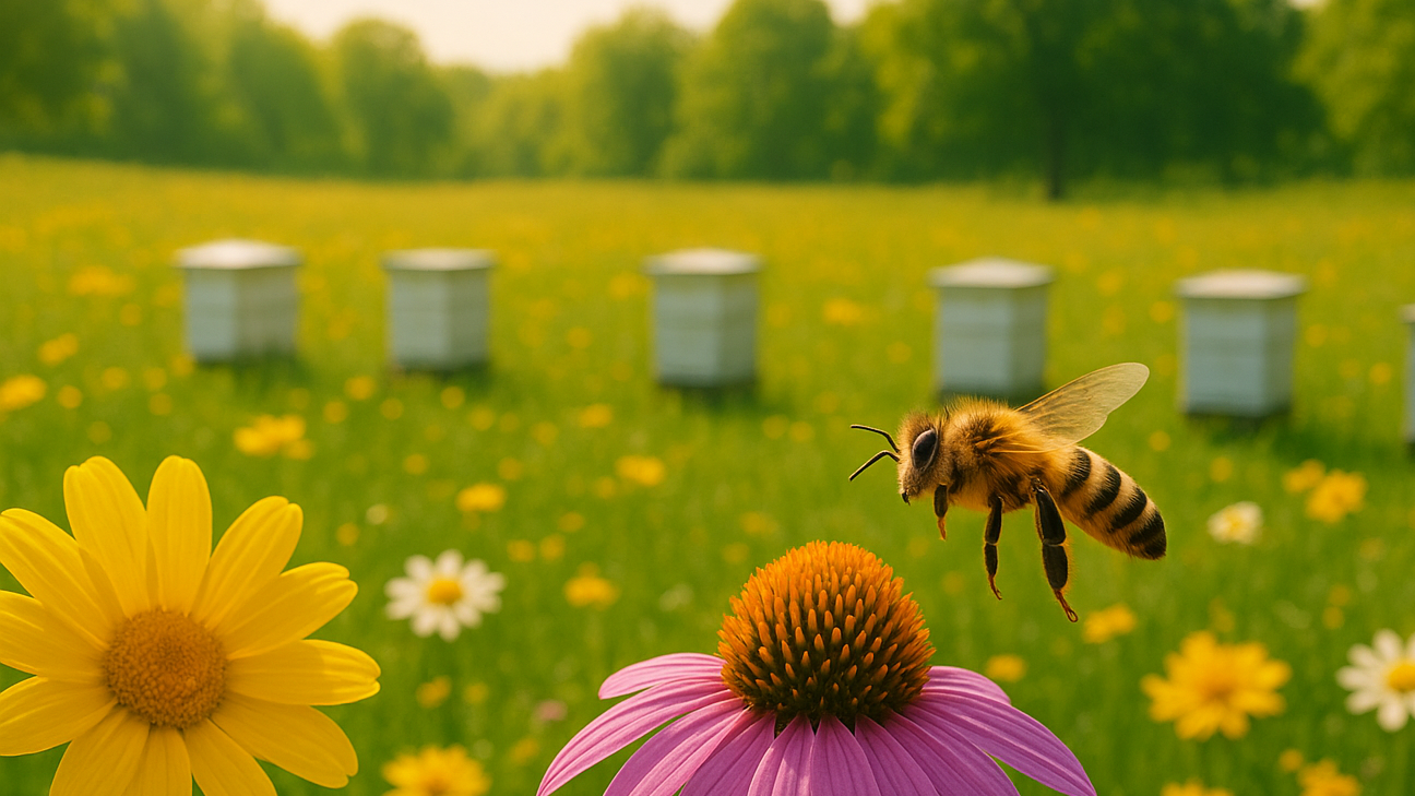 Bee hovering over a pink flower in a field with beehives in the background.